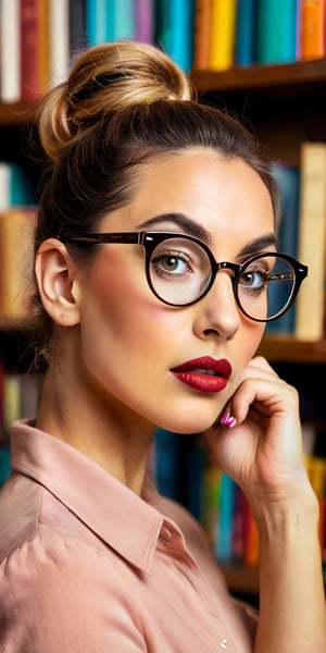 A close-up portrait of a woman with large, round glasses perched on her nose. Her eyes sparkle with intelligence and her lips are pursed in concentration. The background is a bookshelf overflowing with colorful books.
