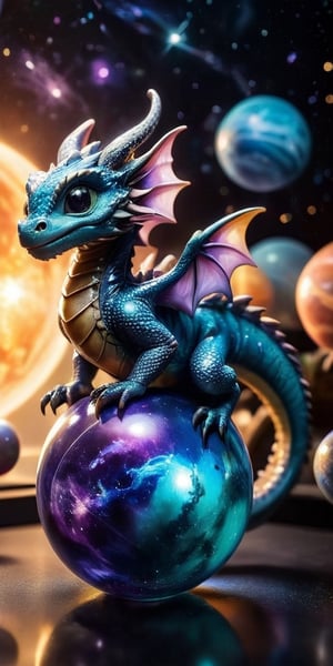 Galactic Playmate A baby dragon plays with a floating holographic projection of the solar system, swatting at the miniature planets and stars. The holographic lights cast a soft glow on its scales, making it look like a creature born of the stars themselves.