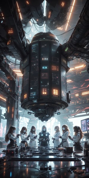 A diverse group of women scientists huddle around a console, their lab a symphony of futuristic equipment and glowing displays. The air crackles with excitement as they collaborate on a groundbreaking experiment, their shared passion and intellect fueling their quest to push the boundaries of human knowledge and innovation.
 
