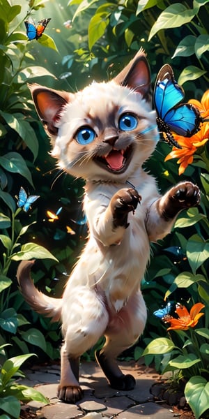  mischievous Siamese kitten, its bright blue eyes sparkling with amusement, stalks a butterfly with playful intent. The butterfly, a burst of orange and black against the green leaves, flits from flower to flower, just out of reach of the kitten's pouncing paws. The scene is filled with the energy of the chase, a delightful dance between predator and prey.
 
