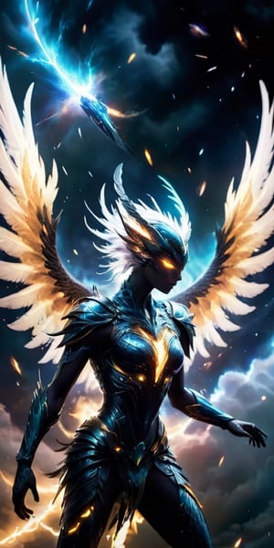  A pack of winged humanoids with shimmering feathers and razor-sharp talons soar through a celestial storm. Their forms crackle with electrical energy, and their eyes glow with an otherworldly power as they navigate the swirling clouds of gas and plasma.
