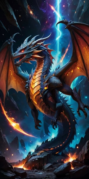  A majestic dragon with a body covered in scales that look like fragments of ancient, shattered planets, giving it a rugged, primordial appearance. Its wings are vast and segmented, each segment glowing with a soft, pulsing light. The dragon glides effortlessly through a field of cosmic debris, with the remains of destroyed worlds floating around it. In the distance, the light of a red giant star casts a warm, eerie glow over the scene, highlighting the dragon's ancient and powerful presence.
