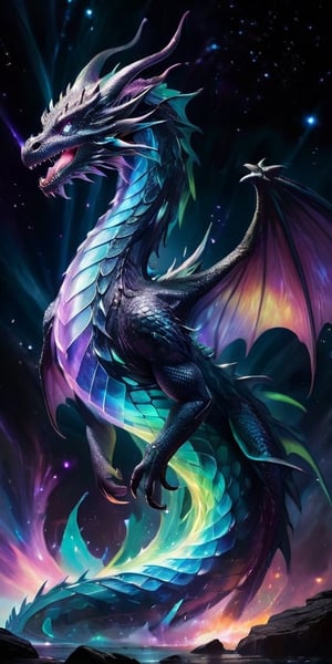 	10. A majestic dragon with scales that have the appearance of polished crystal, catching and refracting the light from nearby stars. Its wings are enormous and semi-transparent, filled with swirling patterns that resemble the aurora borealis. The dragon's eyes are deep pools of black, reflecting the infinite depths of space. It soars near the edge of an event horizon, with the intense gravitational pull distorting the light around it, creating a dramatic and surreal scene.
