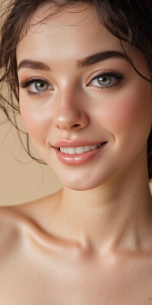 Close-up shot of a woman with simple beauty, wearing a soft smile, her natural skin tones glowing in the light, loose strands of hair framing her face, and a clean, minimalist background in soft beige.


