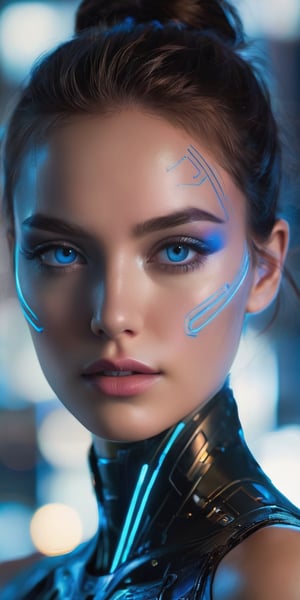 A close-up portrait of a woman with cybernetic enhancements, glowing blue lines tracing patterns across her cheekbone. Her expression is one of quiet strength. The background is a dark, metallic cityscape.
 
