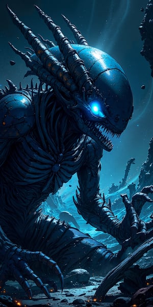 A biomechanical alien-monster hybrid, covered in sharp exoskeletons and glowing with an eerie blue light, slithering through the remains of a destroyed spaceship in the blackness of space.,Anime Style