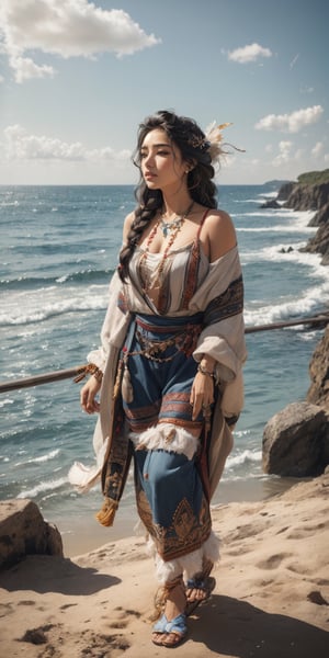 Whispers of the Wind An Indigenous woman with wind-streaked braids, adorned with feathers and beads, stands tall on a windswept cliff overlooking a vast ocean. The wind whispers through her hair, carrying the scent of salt and the secrets of the sea.
 
