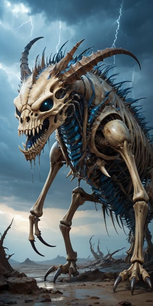 Bone Reaver A skeletal monstrosity with the body of a crustacean and the head of a saber-toothed cat. Its exoskeleton is covered in spiked protrusions, and its mandibles drip with a corrosive acid. Its eyes glow a haunting blue. The backdrop is a desolate wasteland under a sky filled with storm clouds and lightning.
