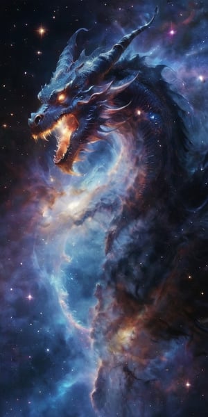 A celestial dragon, its body a tapestry of cosmic colors, adorned with glowing constellations that seem to dance across its scales. It coils around a glowing comet, its serpentine form framed by the vastness of space, with distant galaxies and nebulae painting a breathtaking backdrop.
