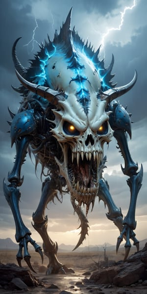 Bone Reaver A skeletal monstrosity with the body of a crustacean and the head of a saber-toothed cat. Its exoskeleton is covered in spiked protrusions, and its mandibles drip with a corrosive acid. Its eyes glow a haunting blue. The backdrop is a desolate wasteland under a sky filled with storm clouds and lightning.
