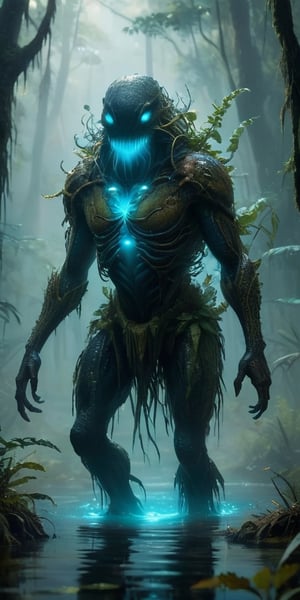 A monstrous, amphibious creature with bioluminescent markings emerges from a fog-shrouded swamp. Its webbed fingers leave glowing trails on the damp vegetation, and its croaking calls echo through the dense foliage, both a warning and a lure.
