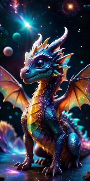 Floating Amongst the Stars A baby dragon with iridescent, cosmic-patterned scales drifts gracefully in the vacuum of space. Its eyes sparkle with stardust, and its tiny claws reach out toward a nearby planet's ring system, bathed in the light of a distant sun.