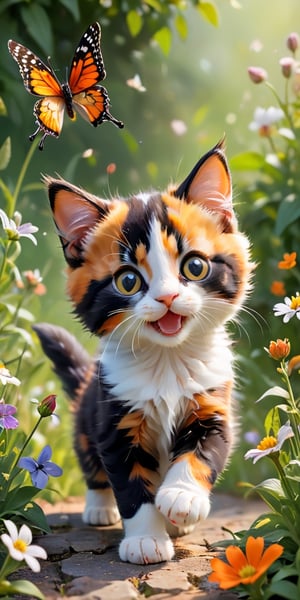 A playful scene of a calico kitten, its fur a patchwork of black, white, and orange, batting at a butterfly with its tiny paws. The butterfly, seemingly unfazed, flits around the kitten, leading it on a merry chase through a bed of blooming wildflowers. The image is a heartwarming portrayal of youthful curiosity and the joy of exploration.
