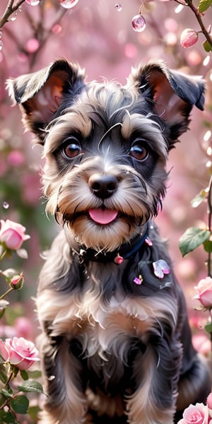 A close-up image of a Schnauzer puppy's face, framed by its wiry fur. The puppy's eyes sparkle with mischief as it fixates on a delicate pink butterfly fluttering in front of a rose bush. Dewdrops glisten on the rose petals, adding to the scene's charm.
