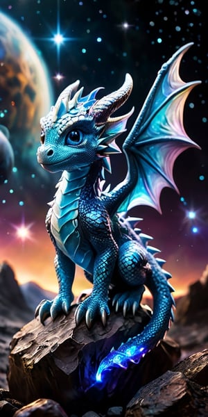 Celestial Guardians A baby dragon perches on a small asteroid, watching over a distant planet with an atmosphere filled with swirling auroras. Its scales are a deep, metallic blue, and its eyes reflect the planet's shimmering beauty.