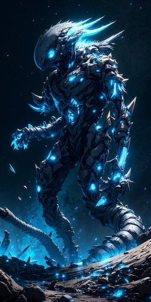 A biomechanical alien-monster hybrid, covered in sharp exoskeletons and glowing with an eerie blue light, slithering through the remains of a destroyed spaceship in the blackness of space.,Anime Style