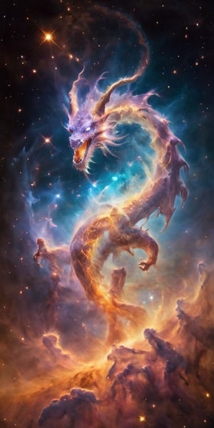 A cosmic dragon, its body a swirling vortex of stars and galaxies, with nebulae glowing softly within its translucent wings. It roars silently into the void, a beacon of majestic power and otherworldly beauty in the infinite expanse of space.
