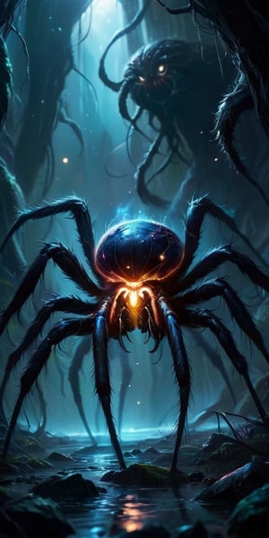 The Rift Spawns In the depths of an interstellar rift, where reality frays, monstrous beings emerge. Picture a creature with the body of a colossal spider, its hairy legs ending in sharp, hooked claws. Its bloated abdomen pulses with a sickly glow, revealing a multitude of eyes that fixate on its prey with an insatiable hunger.

