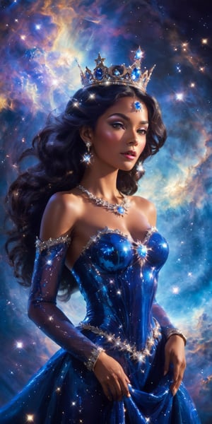 Star Empress A stunning woman with regal features and a crown of shimmering stars, wearing an elaborate, celestial-themed gown. She stands on a majestic space station's balcony, overlooking a planet with a beautiful aurora shimmering in its atmosphere.
