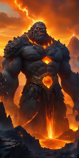 A colossal stone giant, its weathered features adorned with golden jewels, stands guard over a hidden city nestled within a volcano. Molten lava flows around its base, casting an orange glow on the city's obsidian towers.
 
