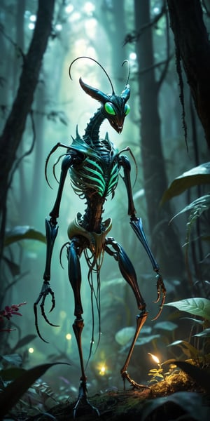 Lurking Fiend A spindly, insectoid creature with elongated limbs ending in sharp, blade-like claws. Its head resembles that of a praying mantis, but with multiple rows of needle-like teeth. Its exoskeleton is iridescent, shifting colors in the dim light. The scene is set in a dark, alien forest filled with glowing, bioluminescent plants.
