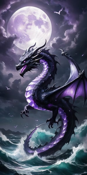 A dragon with shimmering amethyst scales gliding over a dark, turbulent sea. The moonlight catches on its scales, creating a dazzling display, while the turbulent waves and its fierce expression underscore its dangerous nature.
