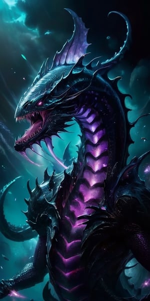 Voidspawn Leviathan From the blackest void comes a leviathan of nightmares. Its elongated body is covered in shimmering, bioluminescent scales, giving it an eerie, spectral appearance. Rows of serrated teeth line its gaping maw, which stretches impossibly wide to consume entire ships whole. 

