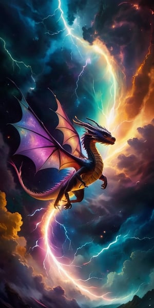 Dragon in a Cosmic Storm A baby dragon flies through a cosmic storm, its scales crackling with energy. Lightning-like arcs of energy surround it, illuminating its powerful, yet still small, form against the backdrop of a swirling vortex of colors.