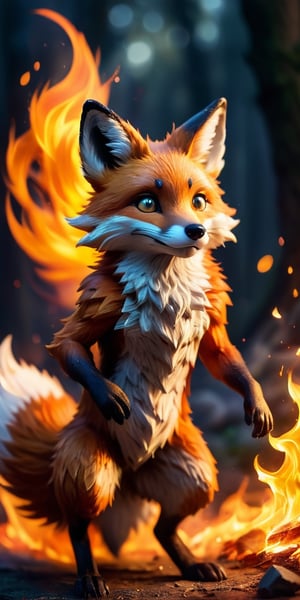 A mischievous fire spirit, resembling a playful fox, dances amongst flickering flames. Its fur crackles with embers, and its eyes glow with the warmth of the fire.
 
