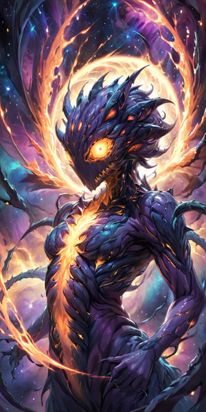 Nebula Nightmare An alien monster with a twisted, elongated body, covered in spines and glowing veins. It emerges from the centre of a swirling nebula, its many eyes scanning for prey as it prepares to strike.
