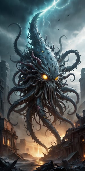 Vortex Spawn A creature with a swirling, tornado-like lower body and a torso covered in sharp, crystalline spikes. Its head is a writhing mass of tentacles, each tipped with a glowing eye. Its skin is a dark, stormy gray. The background features a devastated alien city, with ruins and debris scattered everywhere.
