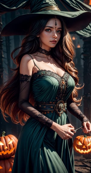 masterpiece,{{{best quality}}},(illustration)),{{{extremely detailed CG unity 8k ,Brilliant light,cinematic lighting,long_focus, indian, Women, Indian face (medium_breasts)High detailed, longhair, ghost in background , long hair ,looking_at_viewer,Halloween costume, midnight ,(Halloween:1.2),Halloween, green dress ,data-space,demonictech