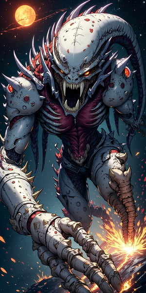 A colossal alien creature with metallic armor fused into its grotesque body, tearing apart a space station with tentacles wrapped in spiked bone, against a backdrop of a dying star.
Anime Style