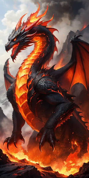 A fiery dragon with lava-red scales emerging from a volcano's mouth. The intense heat and molten rock accentuate its fierce beauty, while the smoke and ash create an aura of impending doom.
