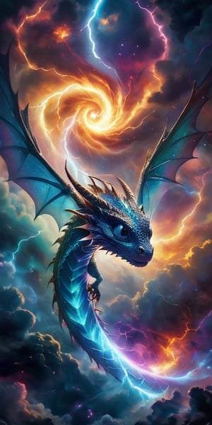 Dragon in a Cosmic Storm A baby dragon flies through a cosmic storm, its scales crackling with energy. Lightning-like arcs of energy surround it, illuminating its powerful, yet still small, form against the backdrop of a swirling vortex of colors.