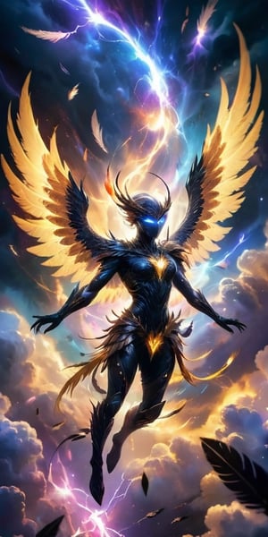  A pack of winged humanoids with shimmering feathers and razor-sharp talons soar through a celestial storm. Their forms crackle with electrical energy, and their eyes glow with an otherworldly power as they navigate the swirling clouds of gas and plasma.
