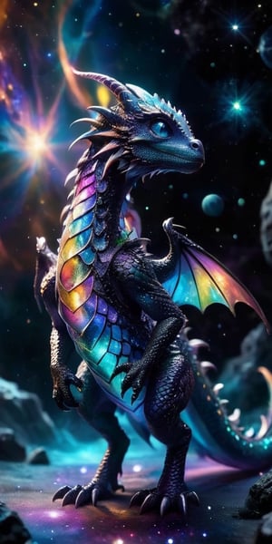 Floating Amongst the Stars A baby dragon with iridescent, cosmic-patterned scales drifts gracefully in the vacuum of space. Its eyes sparkle with stardust, and its tiny claws reach out toward a nearby planet's ring system, bathed in the light of a distant sun.