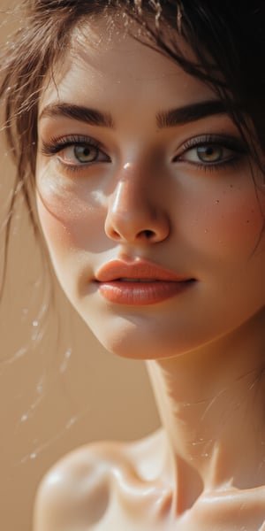 Close-up shot of a woman with simple beauty, wearing a soft smile, her natural skin tones glowing in the light, loose strands of hair framing her face, and a clean, minimalist background in soft beige.


