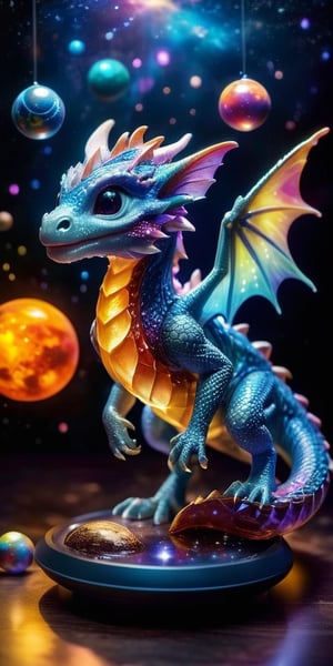 Galactic Playmate A baby dragon plays with a floating holographic projection of the solar system, swatting at the miniature planets and stars. The holographic lights cast a soft glow on its scales, making it look like a creature born of the stars themselves.