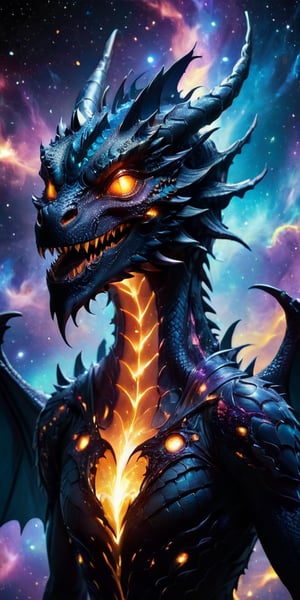 A dragon of the cosmic void, its body a deep, inky black, absorbing all light around it. It flies through a field of distant galaxies, its form almost invisible against the backdrop of the cosmos. Its eyes shine with a fierce intelligence, and its presence is both intimidating and mesmerizing.
