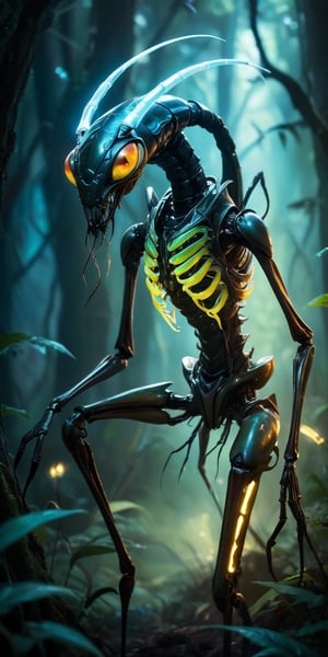 Lurking Fiend A spindly, insectoid creature with elongated limbs ending in sharp, blade-like claws. Its head resembles that of a praying mantis, but with multiple rows of needle-like teeth. Its exoskeleton is iridescent, shifting colors in the dim light. The scene is set in a dark, alien forest filled with glowing, bioluminescent plants.
