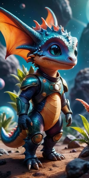 Space Adventure A baby dragon wearing a tiny spacesuit explores the surface of a mysterious planet. Behind it, a spaceship hovers, ready to take off. The dragon's curiosity is evident as it examines strange, glowing rocks and alien plants.