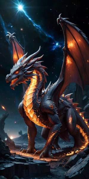  A majestic dragon with a body covered in scales that look like fragments of ancient, shattered planets, giving it a rugged, primordial appearance. Its wings are vast and segmented, each segment glowing with a soft, pulsing light. The dragon glides effortlessly through a field of cosmic debris, with the remains of destroyed worlds floating around it. In the distance, the light of a red giant star casts a warm, eerie glow over the scene, highlighting the dragon's ancient and powerful presence.
