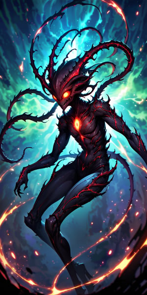 Nebula Nightmare An alien monster with a twisted, elongated body, covered in spines and glowing veins. It emerges from the centre of a swirling nebula, its many eyes scanning for prey as it prepares to strike.
