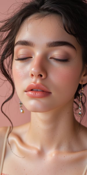 A simple, beautiful portrait of a woman with glowing skin, her face relaxed and framed by loose waves of hair, with soft ambient light falling across her face, and a light, pastel-colored background.


