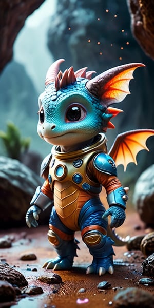 Space Adventure A baby dragon wearing a tiny spacesuit explores the surface of a mysterious planet. Behind it, a spaceship hovers, ready to take off. The dragon's curiosity is evident as it examines strange, glowing rocks and alien plants.