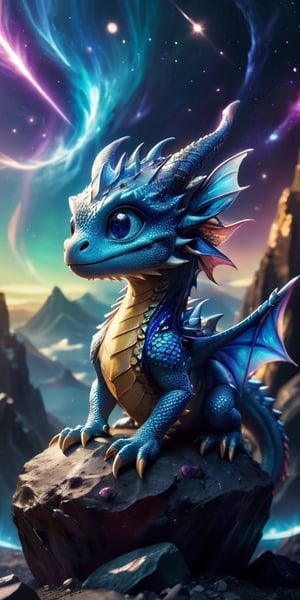 Celestial Guardians A baby dragon perches on a small asteroid, watching over a distant planet with an atmosphere filled with swirling auroras. Its scales are a deep, metallic blue, and its eyes reflect the planet's shimmering beauty.