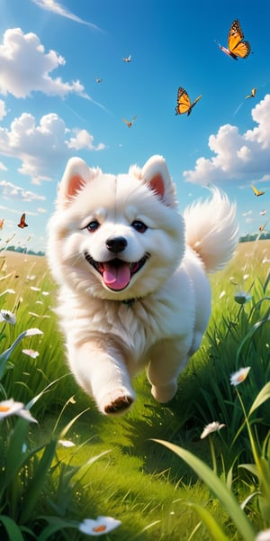 A panoramic image of a vast green meadow, with a fluffy white Samoyed puppy frolicking in the tall grass. The puppy playfully chases a swarm of butterflies, their colorful wings creating a mesmerizing blur against the blue summer sky.
