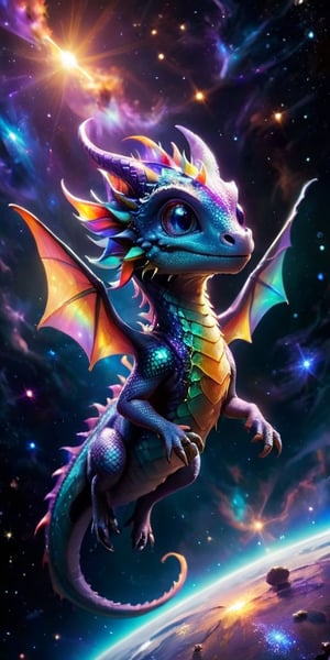 Floating Amongst the Stars A baby dragon with iridescent, cosmic-patterned scales drifts gracefully in the vacuum of space. Its eyes sparkle with stardust, and its tiny claws reach out toward a nearby planet's ring system, bathed in the light of a distant sun.