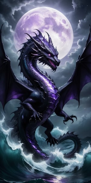 A dragon with shimmering amethyst scales gliding over a dark, turbulent sea. The moonlight catches on its scales, creating a dazzling display, while the turbulent waves and its fierce expression underscore its dangerous nature.
